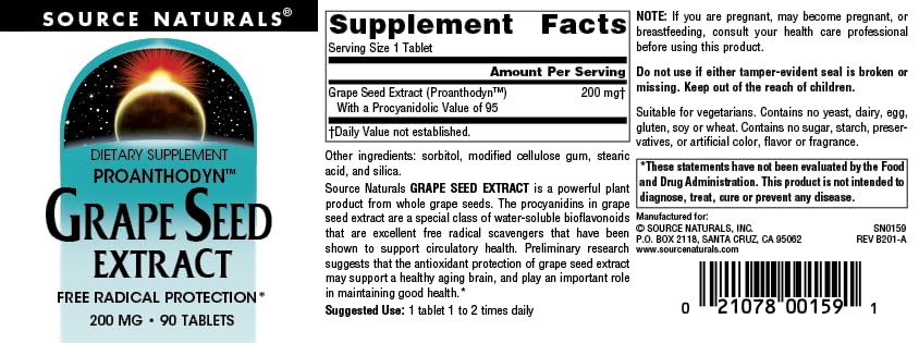 Pre-Order | Arrives in 5–10 Days – Source Naturals Grape Seed Extract, Proanthodyn, Antioxidant Protection & Supports Healthy Aging Brain* - 200 mg - 90 Tablets