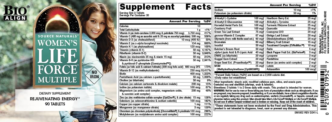 Pre-Order | Arrives in 5–10 Days – Source Naturals Women's Life Force Multiple Iron Free - Daily Complete Multivitamin 13 Essential Vitamins, Antioxidants, Herbs, Nutrients & Minerals - Enhanced Energy & Immune Boost - 90 Tablets