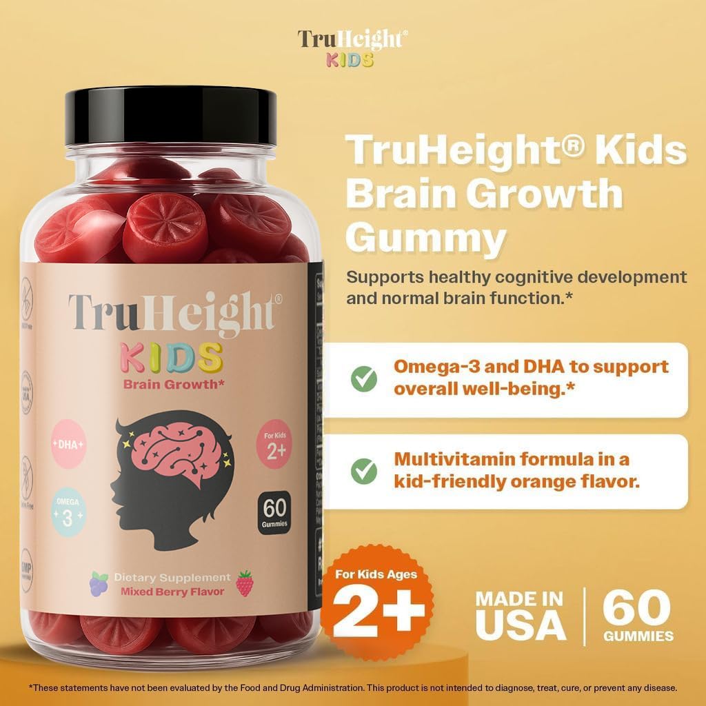 Pre-Order | Arrives in 5–10 Days – TruHeight Kids Brain Growth Gummies (Mixed Berry, Ages 2+) All Natural Kids & Toddler Vitamins - Omega-3, DHA Multivitamin - Brain & Memory Supplements - Vegan Vitamin, Gluten Free Supplement