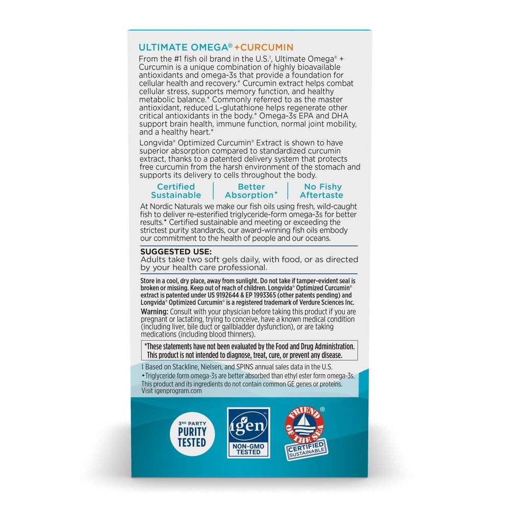 Pre-Order | Arrives in 5–10 Days – Nordic Naturals Omega Curcumin, Lemon - 60 Soft Gels - 1200 mg Omega-3 + 400 mg Optimized Curcumin - Combats Cellular Stress - Non-GMO - 30 Servings
