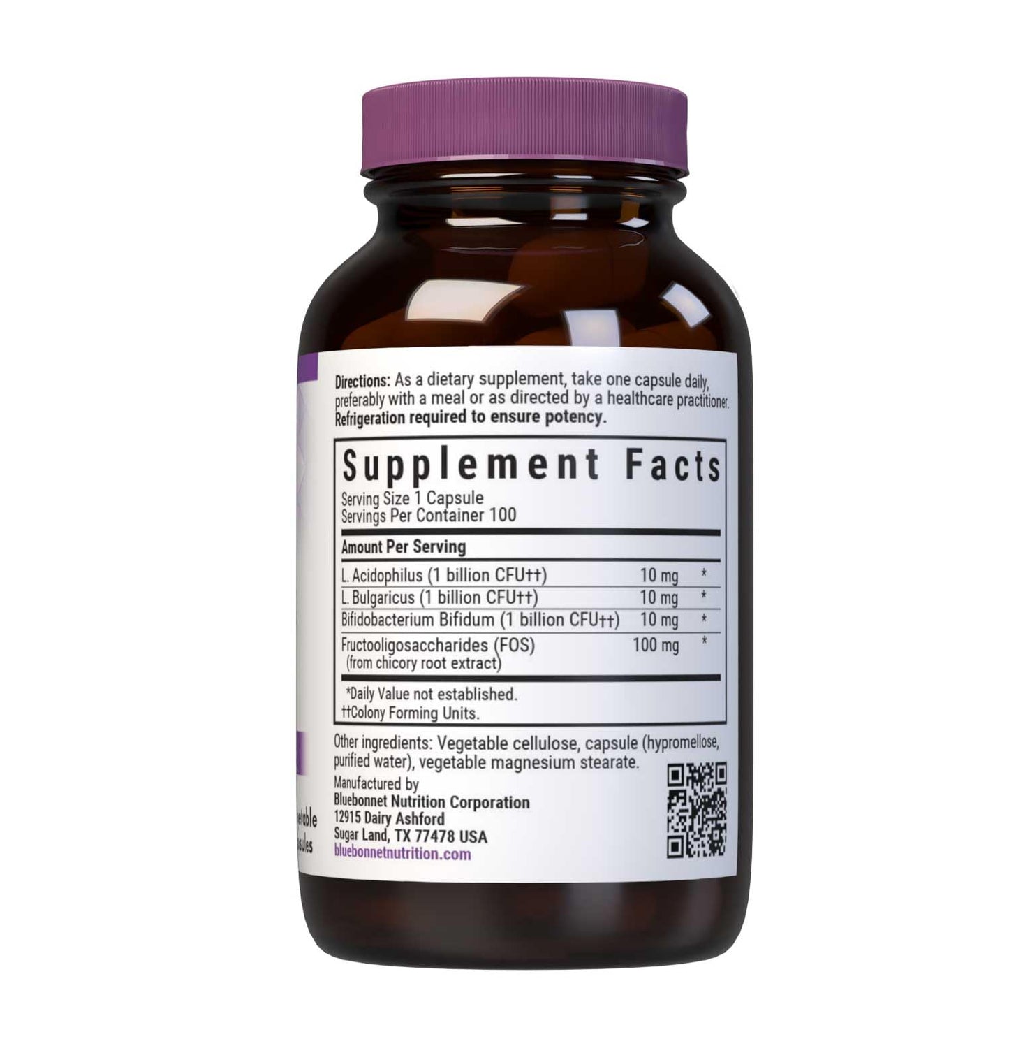 Pre-Order | Arrives in 5–10 Days – BlueBonnet Probiotic Acidophilus Plus FOS Vegetarian Capsules, 100 Count Refrigeration Required between 36° F and 46° F.