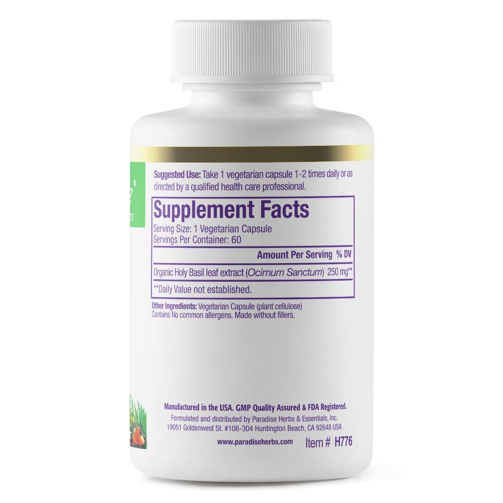 Pre-Order | Arrives in 5–10 Days – Paradise Herbs Organic Holy Basil Supplement, Active Whole Spectrum Extract, Super Potent, Ultra Pure, Vegan, Non-GMO, Gluten Free, 60 Vegetarian Capsules
