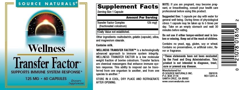 Pre-Order | Arrives in 5–10 Days – Source Naturals Wellness Transfer Factor, Supports Immune System Response* 125mg, 60 Capsules