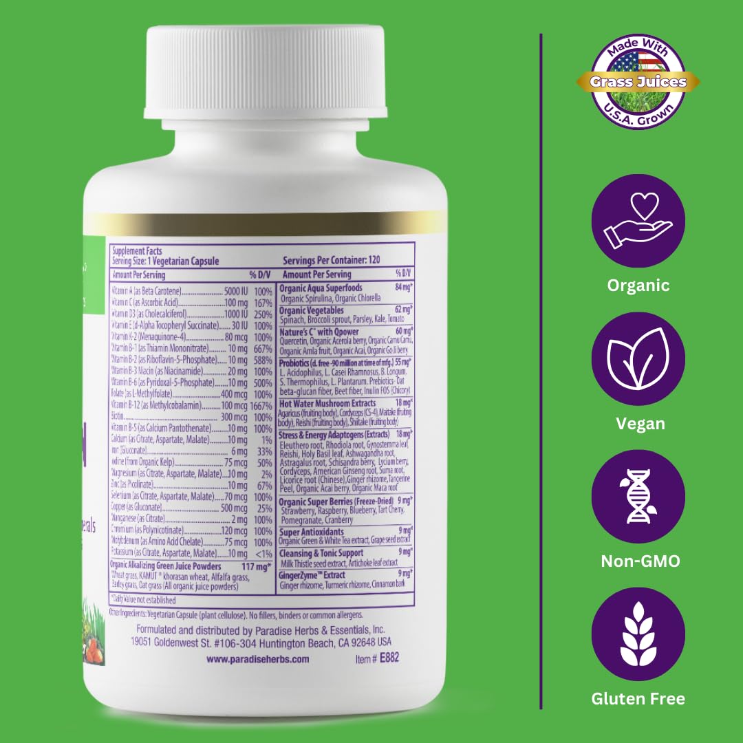 Pre-Order | Arrives in 5–10 Days – Paradise Herbs Earth's Blend Women's Once Daily Multivitamin with Iron, 48 Organic Superfoods, Probiotics, Antioxidants, Vitamins A, B12, C, D, K2, 120 Capsules
