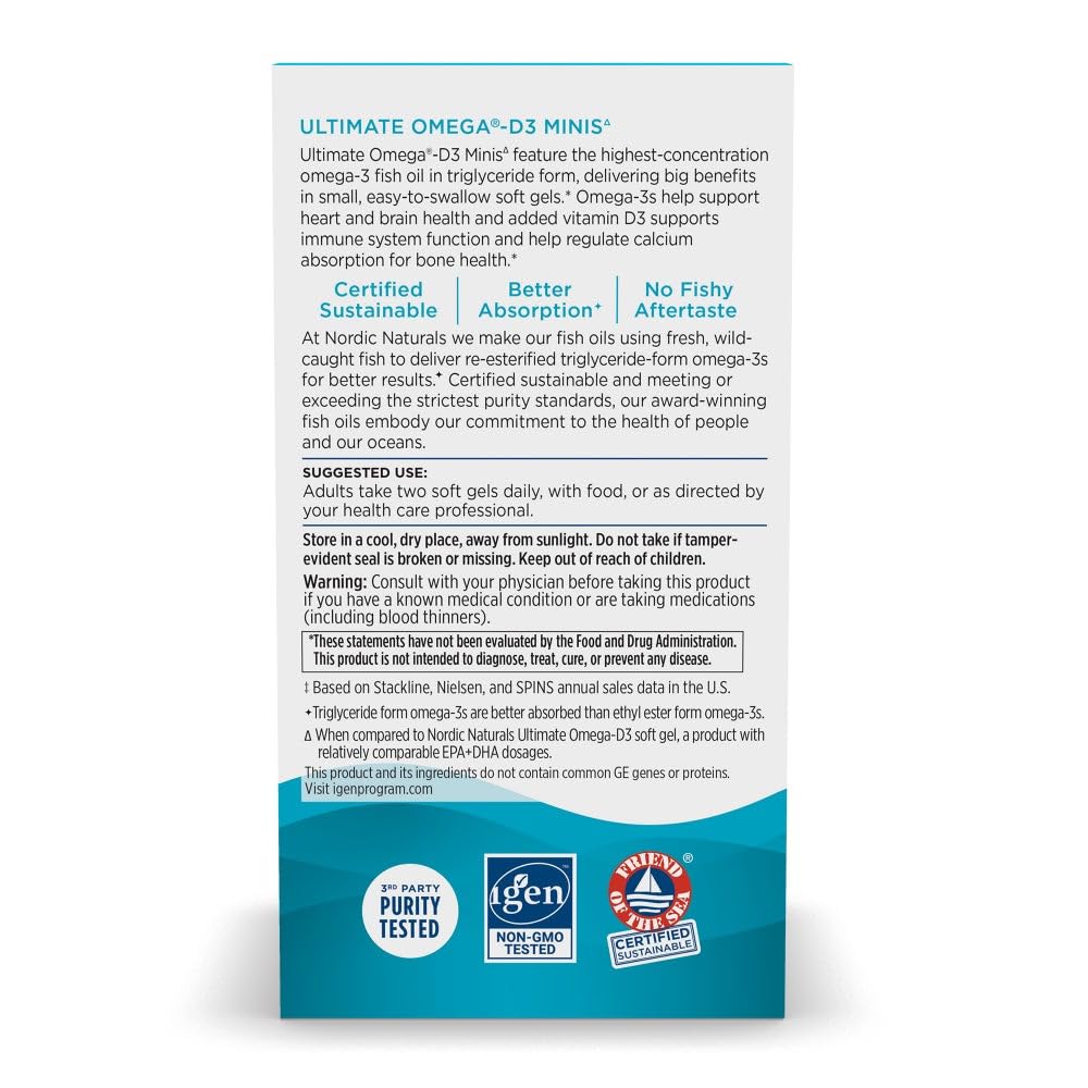 Pre-Order | Arrives in 5–10 Days – Nordic Naturals Ultimate Omega Mini D3, Lemon Flavor - 60 Mini Soft Gels - 1120 mg Omega-3 + 1000 IU Vitamin D3 - EPA & DHA - Promotes Brain & Heart Health - 30 Servings