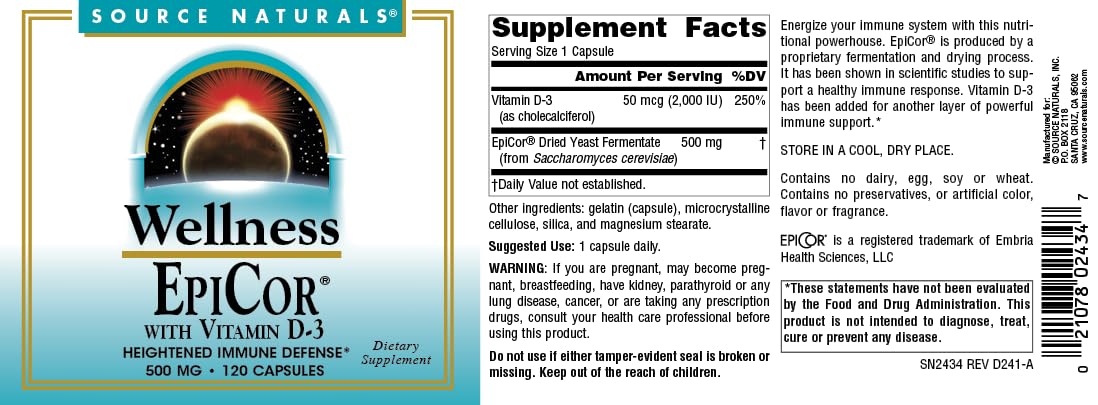 Pre-Order | Arrives in 5–10 Days – Source Naturals Wellness EpiCor with Vitamin D-3 for Heightened Immune Defense* - 120 Capsules