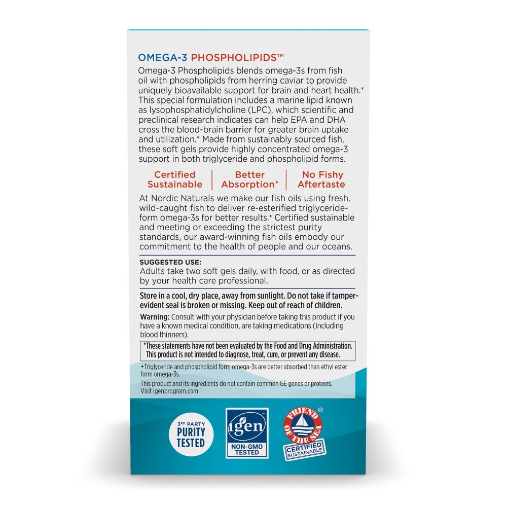 Pre-Order | Arrives in 5–10 Days – Nordic Naturals Omega-3 Phospholipids, Unflavored - 60 Soft Gels - 500 mg Omega-3 & 350 mg Phospholipids - Heart & Brain Health - Small, Easy-to-Swallow Soft Gels - Non-GMO - 30 Servings