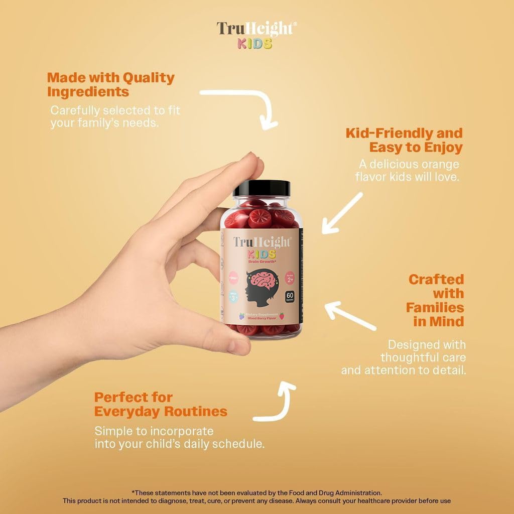 Pre-Order | Arrives in 5–10 Days – TruHeight Kids Brain Growth Gummies (Mixed Berry, Ages 2+) All Natural Kids & Toddler Vitamins - Omega-3, DHA Multivitamin - Brain & Memory Supplements - Vegan Vitamin, Gluten Free Supplement