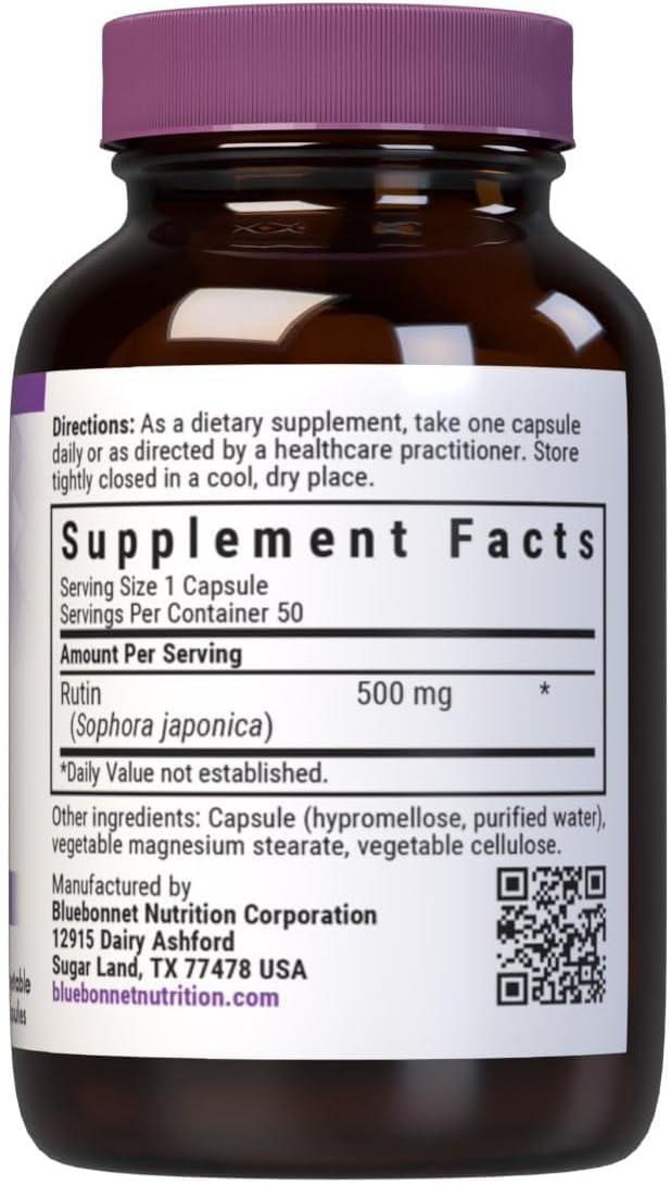 Pre-Order | Arrives in 5–10 Days – Bluebonnet Nutrition Rutin 500mg (Sophora Japonica) Antioxidant Bioflavonoid for Vascular Support* Vegan, Gluten-Free, Soy-Free - Plant-Based Rutin Supplement - 50 Vegetable Capsules