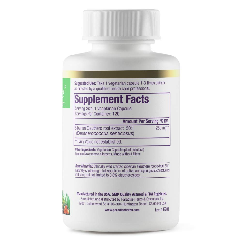 Pre-Order | Arrives in 5–10 Days – Paradise Herbs Eleuthero Root Extract, Adaptogen Supplement, Super Potent, Ultra Pure, Vegan, Non GMO, 120 Vegetarian Capsules
