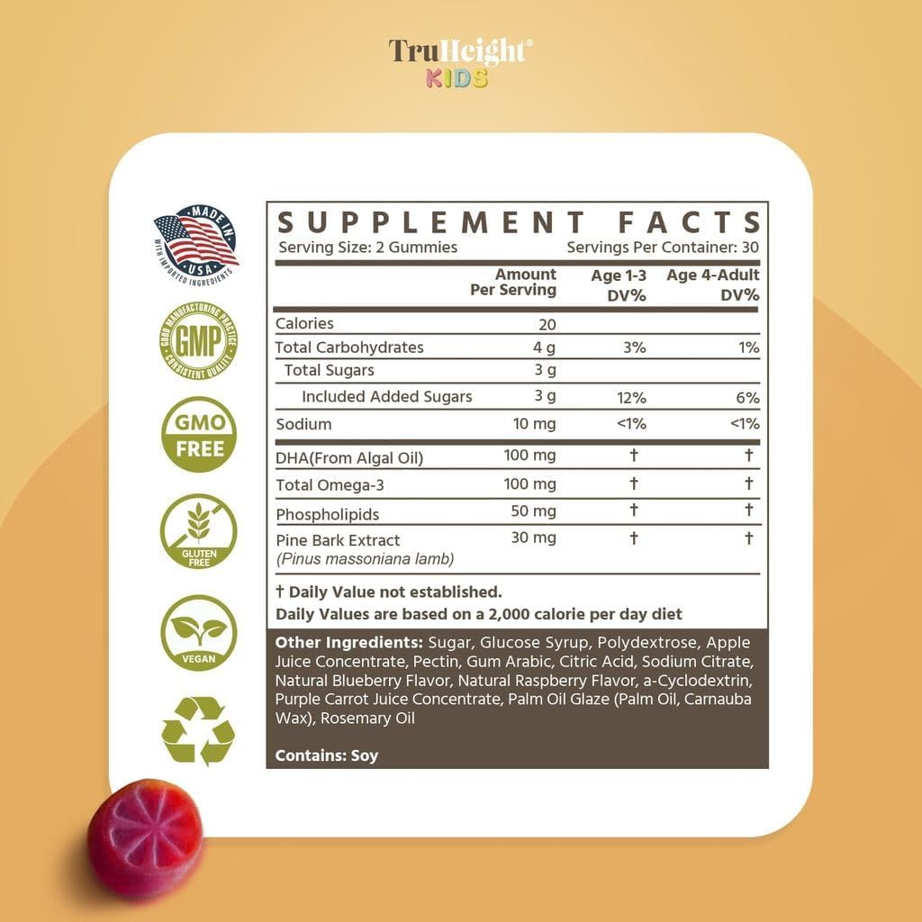 Pre-Order | Arrives in 5–10 Days – TruHeight Kids Brain Growth Gummies (Mixed Berry, Ages 2+) All Natural Kids & Toddler Vitamins - Omega-3, DHA Multivitamin - Brain & Memory Supplements - Vegan Vitamin, Gluten Free Supplement