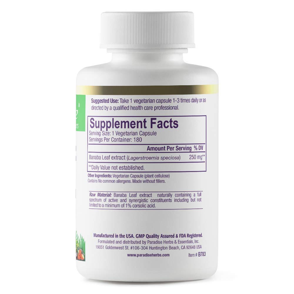 Pre-Order | Arrives in 5–10 Days – Paradise Herbs, Banaba Leaf, 12:1 Concentrated Extract, 250 mg, Vegan, Gluten-Free, Non-GMO, 180 Capsules