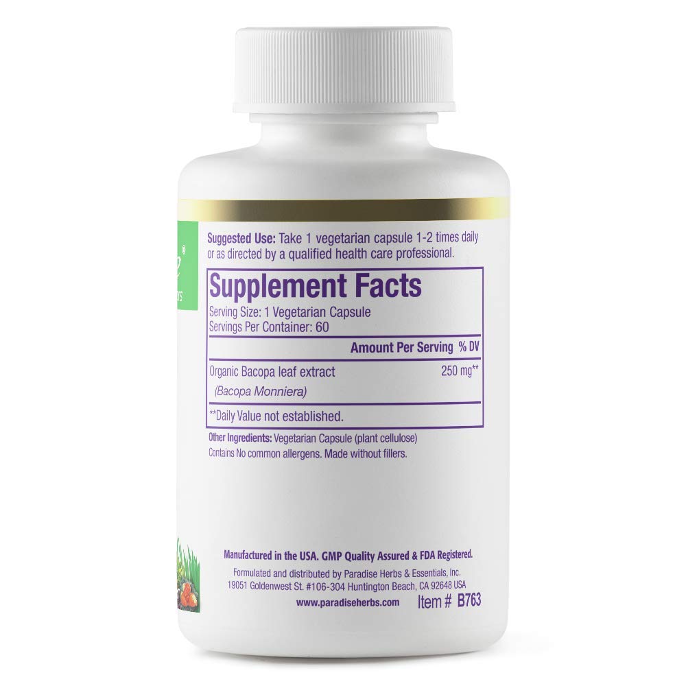 Pre-Order | Arrives in 5–10 Days – Paradise Herbs Bacopa Extract, Vegan, Non GMO, Gluten Free, 60 Capsules