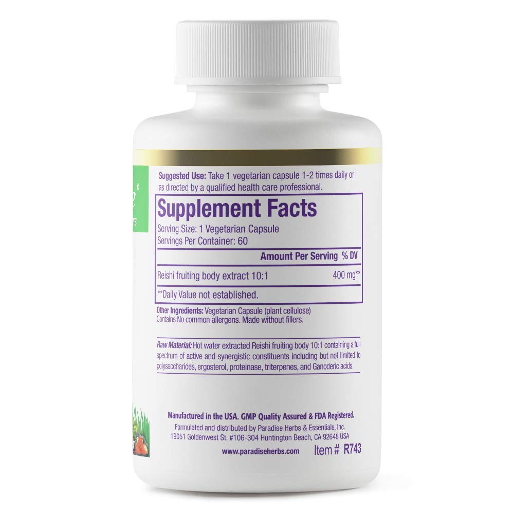 Pre-Order | Arrives in 5–10 Days – Paradise Herbs Reishi, Essential Adaptogen, Super Potent, Ultra Pure, Non-GMO, Vegan, Gluten Free, 60 Vegetarian Capsules