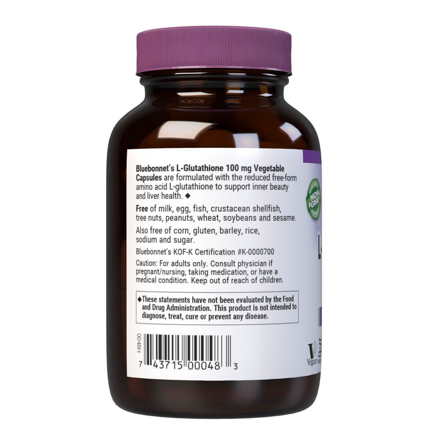 Pre-Order | Arrives in 5–10 Days – Bluebonnet Nutrition L-Glutathione 100mg, Free-Form Amino Acid, for Free Radical Protection, Soy-Free, Gluten-Free, Non-GMO, Kosher Certified, Vegan, 30 Vegetable Capsules, 30 Servings