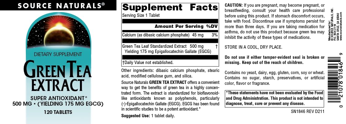 Pre-Order | Arrives in 5–10 Days – Source Naturals Green Tea Extract 500 mg Super Antioxidant - 120 Tablets