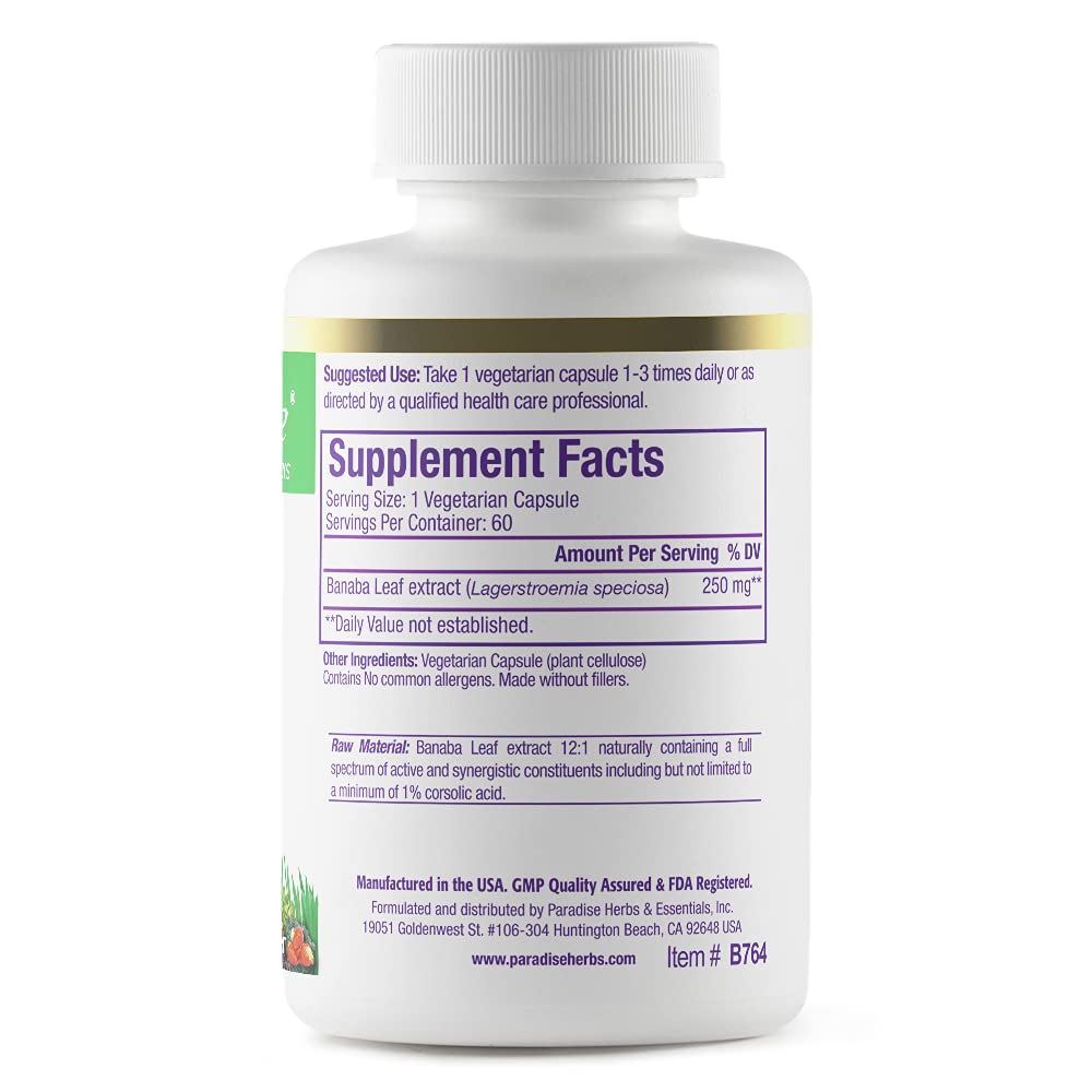 Pre-Order | Arrives in 5–10 Days – Paradise Herbs, Banaba Leaf, 12:1 Concentrated Extract, 250 mg, Vegan, Gluten-Free, Non-GMO, 60 Capsules