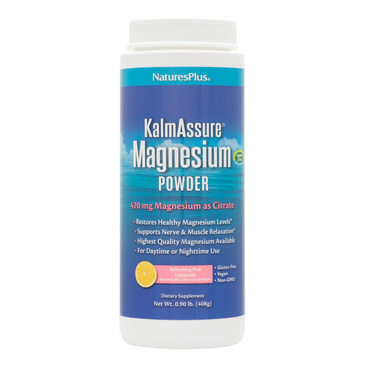 Pre-Order | Arrives in 5–10 Days – NaturesPlus KalmAssure Magnesium Powder - 0.9 lb - Pink Lemonade Flavor - Supports Nerve and Muscle Relaxation - Non-GMO, Gluten Free, Vegan - 60 Servings