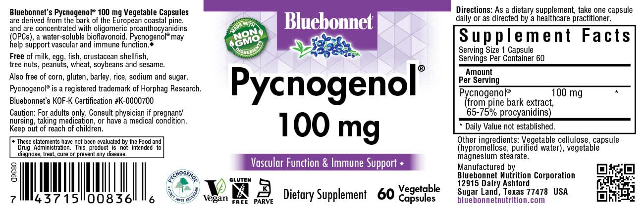 Pre-Order | Arrives in 5–10 Days – BlueBonnet Pycnogenol Vegetarian Capsules, 100 mg, 60 Count (743715008366)