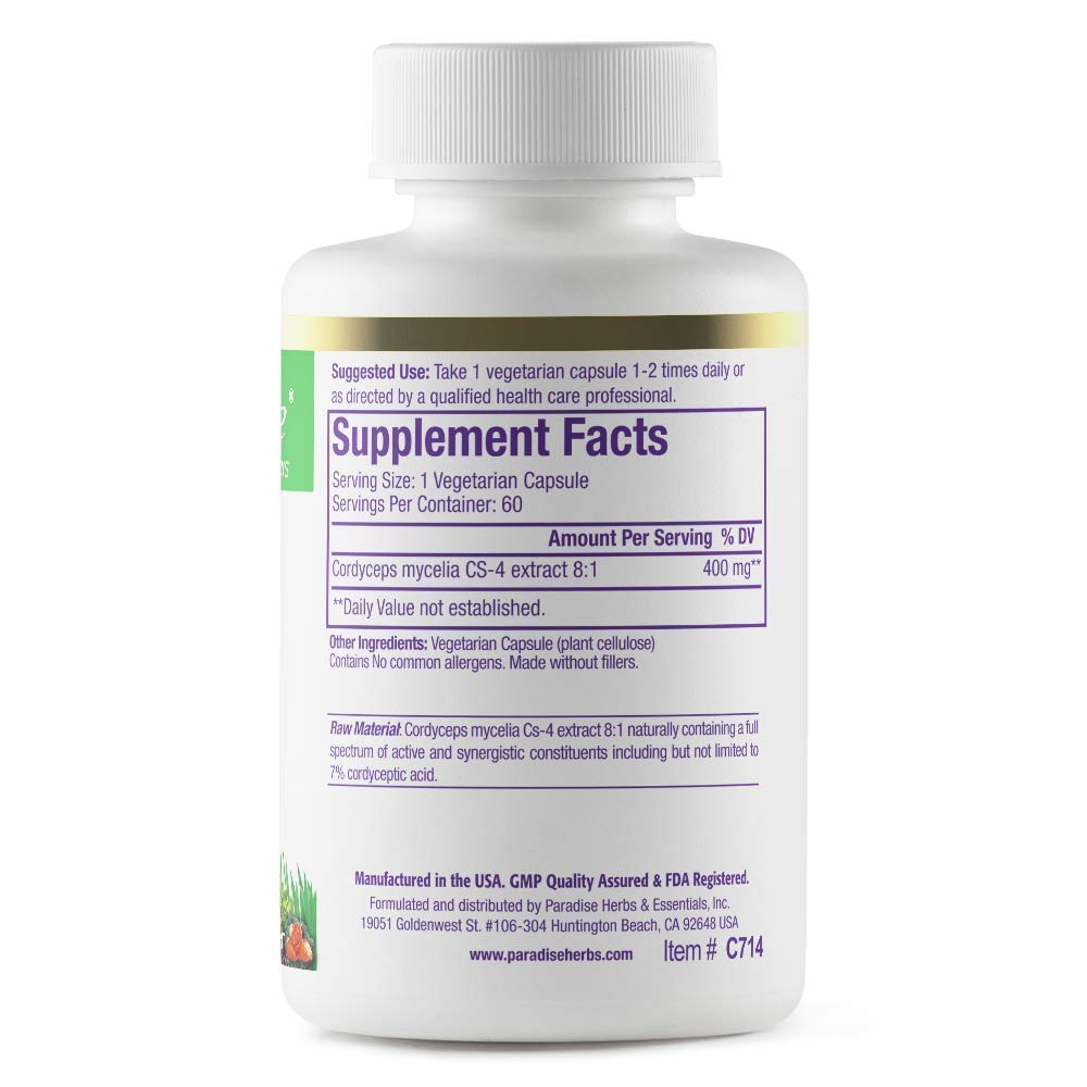 Pre-Order | Arrives in 5–10 Days – Paradise Herbs Cordyceps CS-4 Extract, Super Potent, Ultra Pure, Vegan Antioxidant, Non GMO, Gluten Free, 60 Vegetarian Capsules