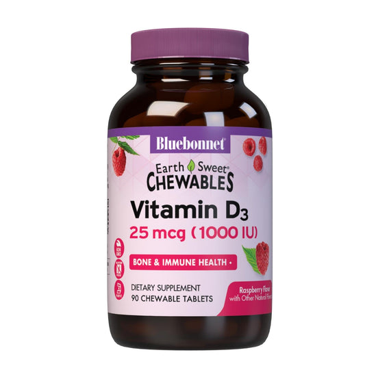 Pre-Order | Arrives in 5–10 Days – Bluebonnet Nutrition EarthSweet Vitamin D3 1000IU - Bone & Immune Support Supplement - Raspberry Chewable Vitamin D Supplement for Women & Men - Soy-Free, Gluten-Free, Non-GMO - 90 Tablets
