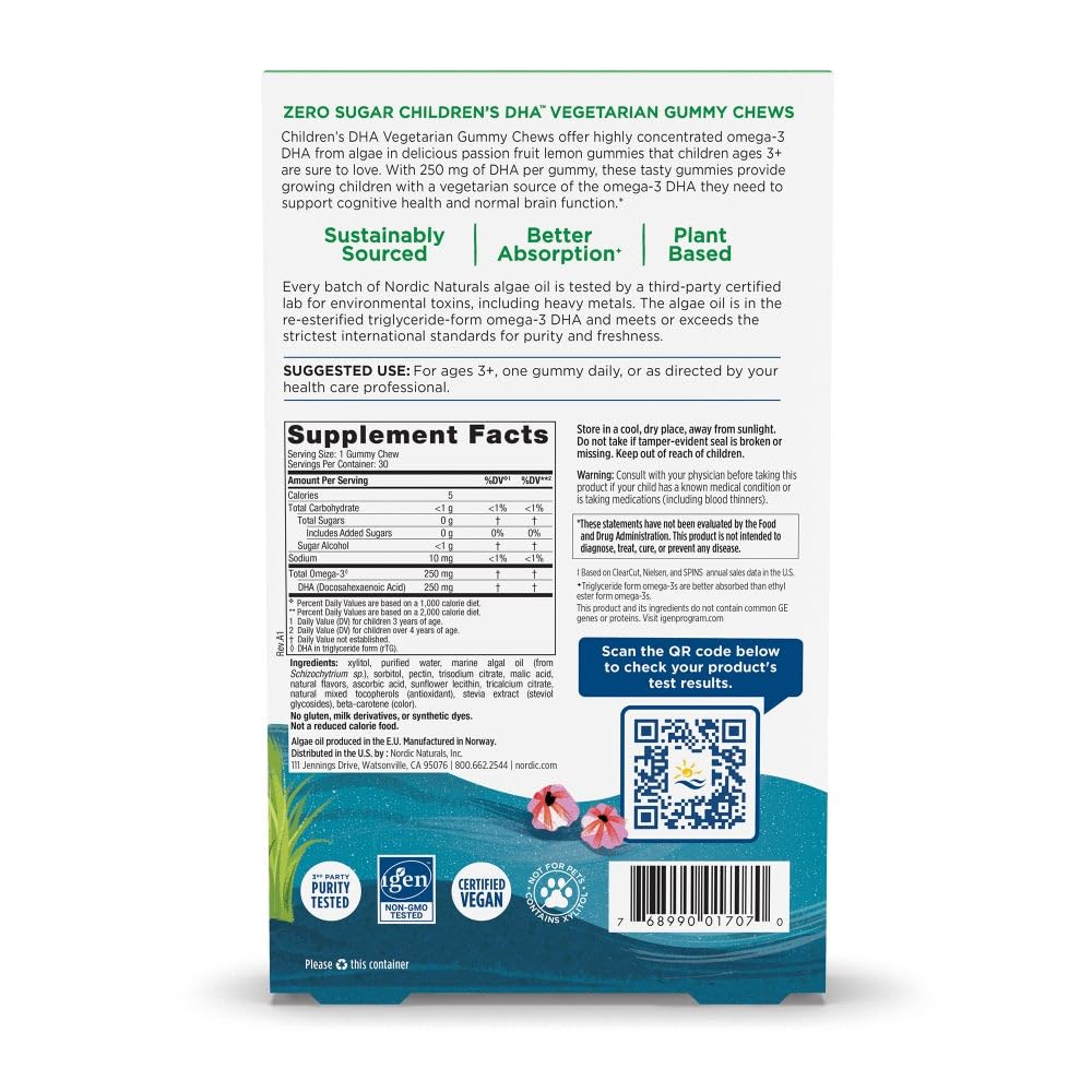 Pre-Order | Arrives in 5–10 Days – Nordic Naturals Zero Sugar Children’s DHA Vegetarian Gummy Chews - Passion Fruit Lemon Flavor - 30 Gummies - Vegan Algae Oil Omega-3 Supplement for Kids Brain & Cognition Support - 30 Servings