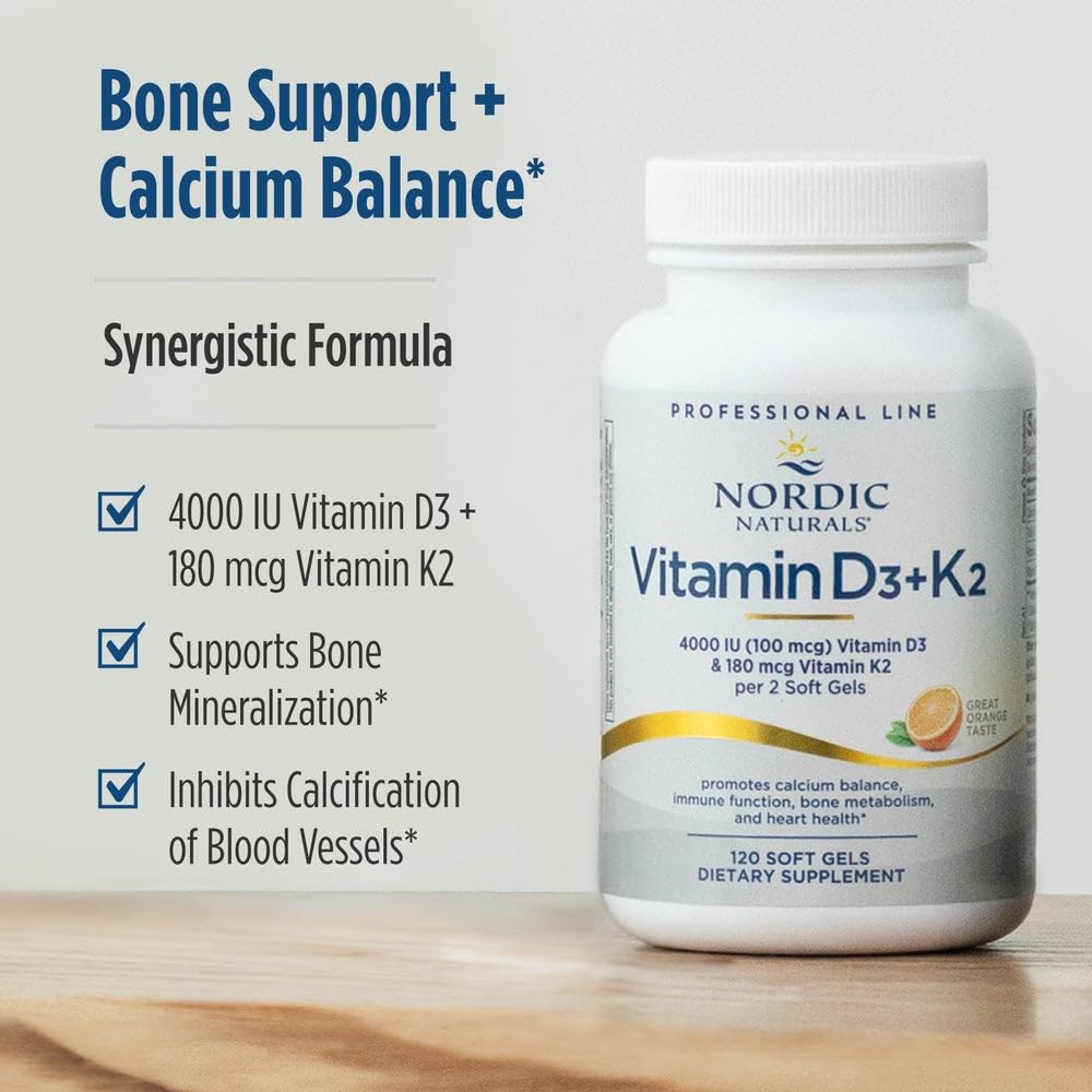 Pre-Order | Arrives in 5–10 Days – Nordic Naturals Professional Grade Vitamin D3+K2 Supplement, Orange Flavor - 60 Soft Gels - 4000 IU Vitamin D3 & 180 mcg K2- Promotes Calcium Balance & Immune Function - Non-GMO - 30 Servings