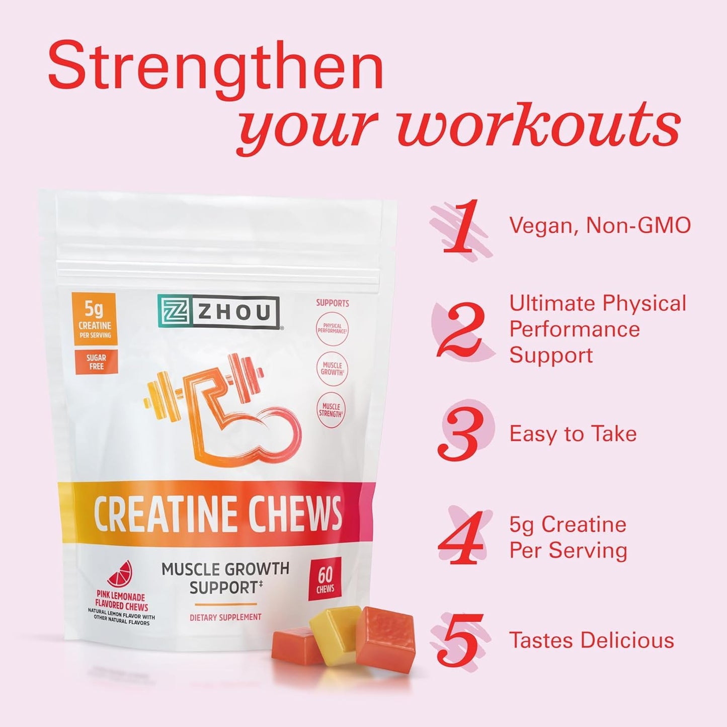 Pre-Order | Arrives in 5–10 Days – Zhou Nutrition Creatine Monohydrate Chewables 5g for Men & Women, Sugar Free, Organic, Non GMO, Pink Lemonade, 60 Creatine Gummies