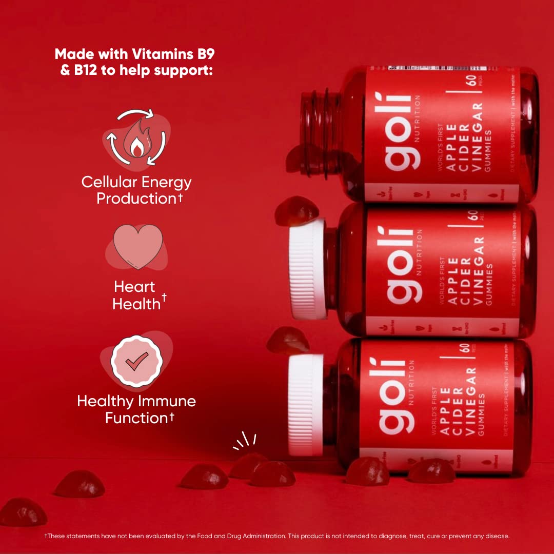 Pre-Order | Arrives in 5–10 Days – Goli Apple Cider Vinegar Gummy Vitamins - 60 Count - Vitamin B12, Gelatin-Free, Gluten-Free, Vegan & Non-GMO