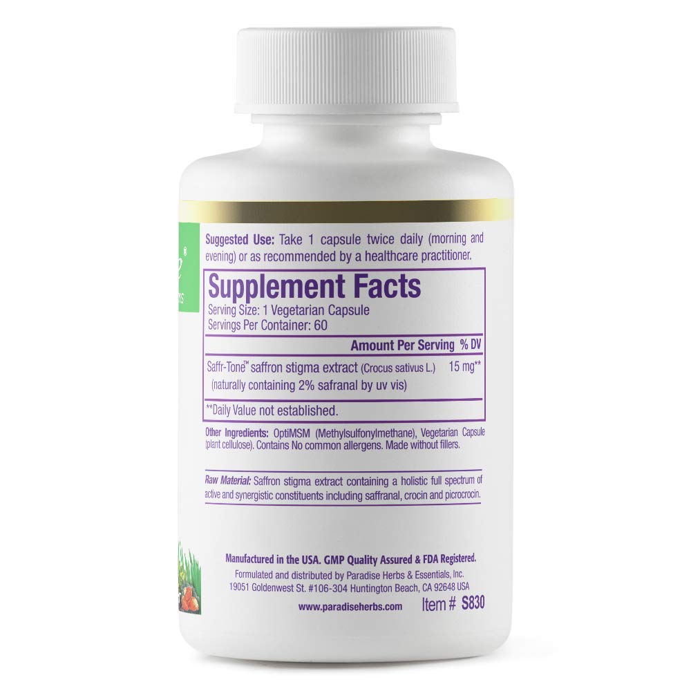 Pre-Order | Arrives in 5–10 Days – Paradise Herbs Saffr-Tone, Saffron Extract, Active Whole Spectrum Extract, Super Potent, Ultra Pure, Vegan, Non-GMO, Gluten Free, 60 Vegetarian Capsules