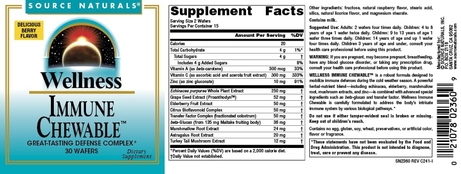 Pre-Order | Arrives in 5–10 Days – Source Naturals Wellness Immune Chewable Defense Complex* - 30 Chewables Wafers