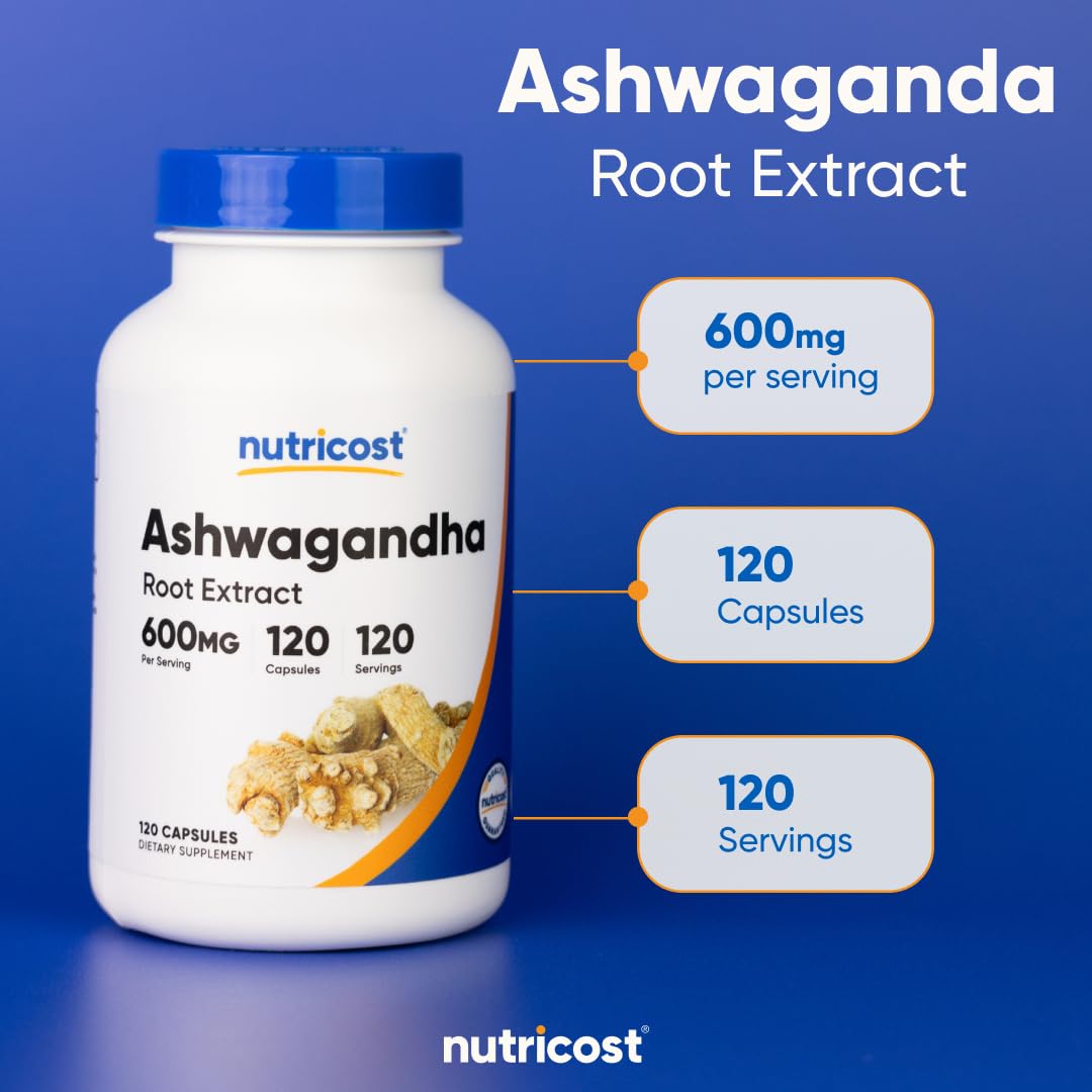 Pre-Order | Arrives in 5–10 Days – Nutricost Ashwagandha Herbal Supplement 600mg, 120 Capsules - Vegetarian, Non-GMO, Gluten Free, Ashwagandha Root