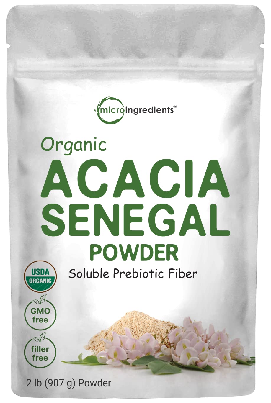 Pre-Order | Arrives in 5–10 Days – Micro Ingredients Organic Acacia Senegal Powder, 2 Pounds (32 Ounce), Instant Soluble Fiber Powder, Plant-Based Prebiotic Superfood for Gut Health, Non-GMO, No Gluten, Vegan