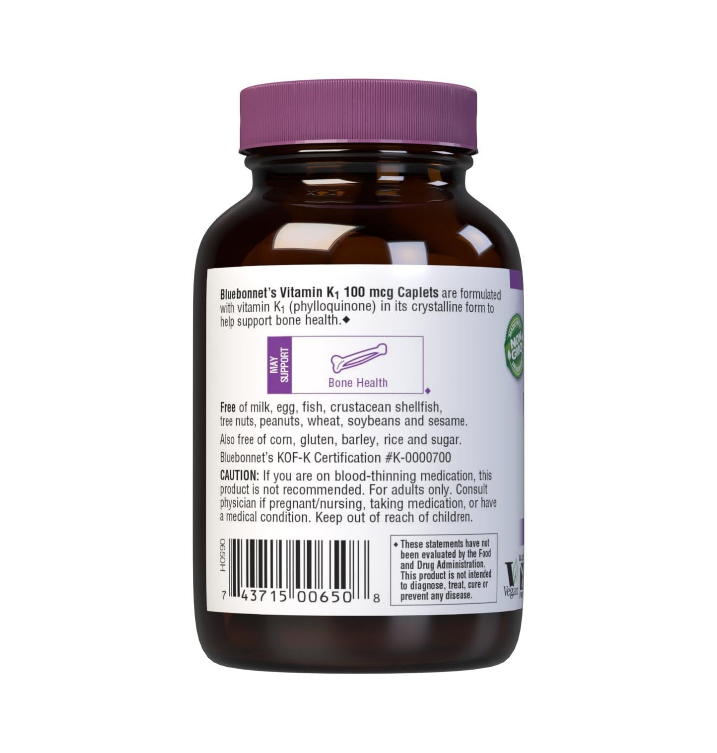 Pre-Order | Arrives in 5–10 Days – Bluebonnet Vitamin K1 100 mcg Supports Bone Health - Phylloquinone Crystalline Vitamin K Supplement - Non-GMO, Kosher Certified, Gluten-Free, Dairy-Free - 100 Vegan Caplets