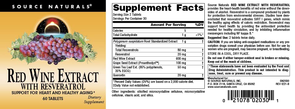 Pre-Order | Arrives in 5–10 Days – Source Naturals Red Wine Extract with Resveratrol, Suport for Healthy Aging* - 60 Tablets