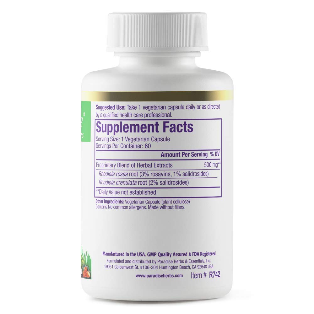 Pre-Order | Arrives in 5–10 Days – Paradise Herbs Rhodiola Extract 500mg, Super Potent Antioxidant, Ultra Pure, Vegan, Non-GMO, Gluten Free, 60 Vegetarian Capsules