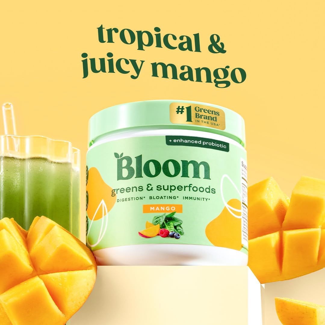 Pre-Order | Arrives in 5–10 Days – Bloom Nutrition Superfood Greens Powder, Digestive Enzymes with Probiotics and Prebiotics, Gut Health, Bloating Relief for Women, Chlorella, Green Juice Mix with Beet Root Powder, 30 SVG, Mango