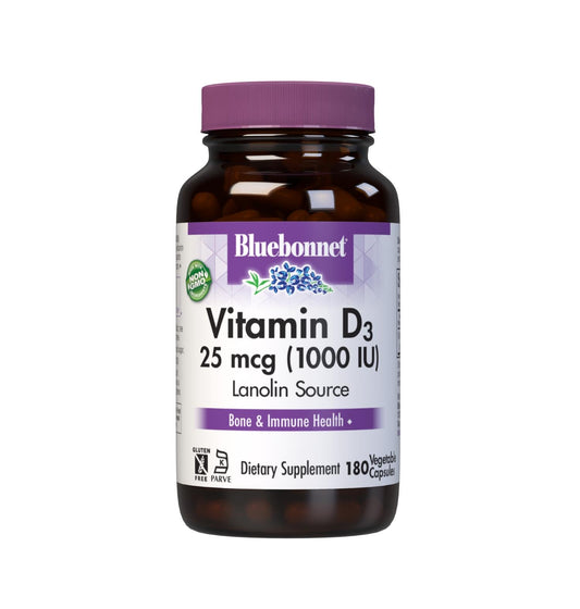 Pre-Order | Arrives in 5–10 Days – Bluebonnet Vitamin D3 1000 IU 25 mcg - Strong Bones & Immune Support Supplement for Women & Men* Soy-Free, Gluten-Free, Non-GMO, Vegetarian - Highly Absorbable Vitamin D - 180 Veggie Capsules