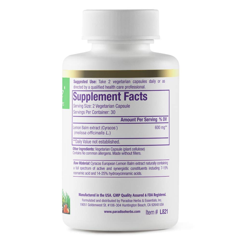 Pre-Order | Arrives in 5–10 Days – Paradise Herbs Lemon Balm Extract, Super Potent, Ultra Pure, Vegan, Non-GMO, Gluten Free, 60 Vegetarian Capsules