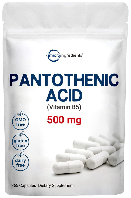 Pre-Order | Arrives in 5–10 Days – Micro Ingredients Pantothenic Acid Vitamin B5 Supplement, Vitamin B5 500mg Per Count, 365 Capsules (1 Year Supply), B-Complex Vitamin, Support Energy Production and Nervous System, Non-GMO
