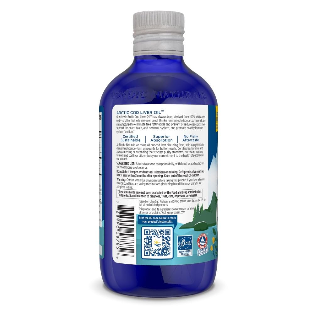 Pre-Order | Arrives in 5–10 Days – Nordic Naturals Arctic Cod Liver Oil, Lemon - 8 oz - 1060 mg Total Omega-3s with EPA & DHA - Heart & Brain Health, Healthy Immunity, Overall Wellness - Non-GMO - 48 Servings