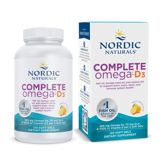 Pre-Order | Arrives in 5–10 Days – Nordic Naturals Complete Omega-D3, Lemon Flavor - 120 Soft Gels - 565 mg Omega-3 + 70 mg GLA + 1000 IU Vitamin D3 - EPA & DHA - Healthy Skin, Cognition, Positive Mood - Non-GMO - 60 Servings