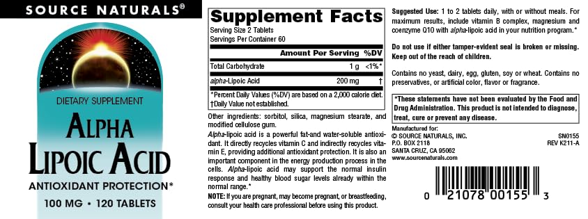 Pre-Order | Arrives in 5–10 Days – Source Naturals Alpha Lipoic Acid Supports Healthy Sugar Metabolism, Liver Function & Energy Generation* - 100 mg - 120 Tablets