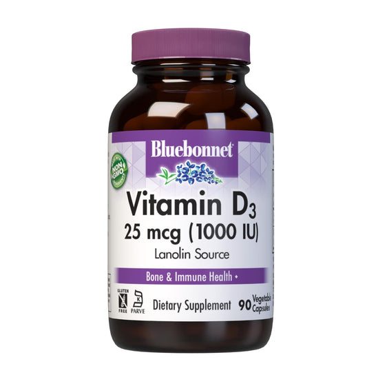 Pre-Order | Arrives in 5–10 Days – BlueBonnet Nutrition Vitamin D3 1000 IU, Aid in Muscle and Skeletal Growth, Cholecalciferol from Lanolin, Non GMO, Gluten Free, Soy Free, Milk Free, Kosher, 90 Vegetable Capsule, White