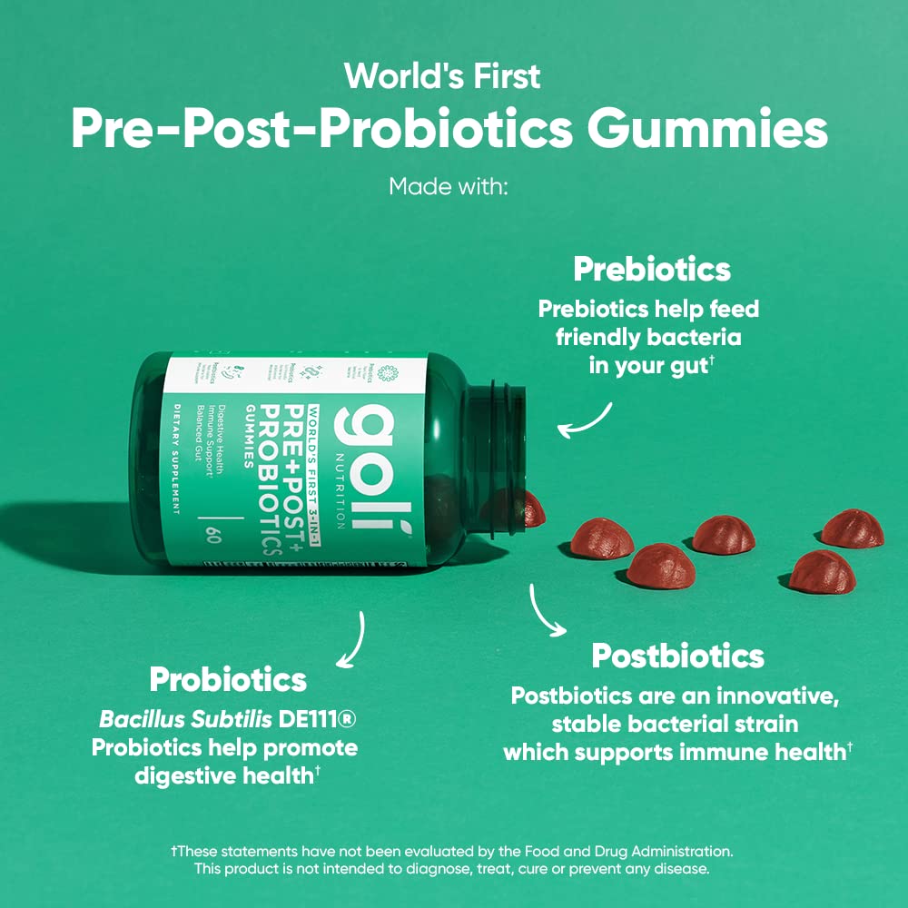 Pre-Order | Arrives in 5–10 Days – Goli Nutritional Supplement, Pre+Post+Probiotics Gummy - 60 Count - World's First 3-in-1 Gluten-Free, Vegan, Non-GMO, and Gelatin-Free.