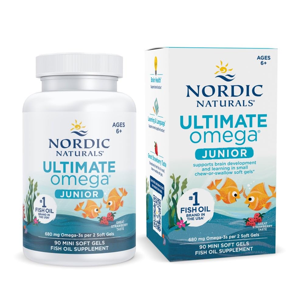 Pre-Order | Arrives in 5–10 Days – Nordic Naturals Ultimate Omega Jr., Strawberry - 90 Mini Soft Gels - 680 Total Omega-3s with EPA & DHA - Brain Health, Mood, Learning - Non-GMO - 45 Servings