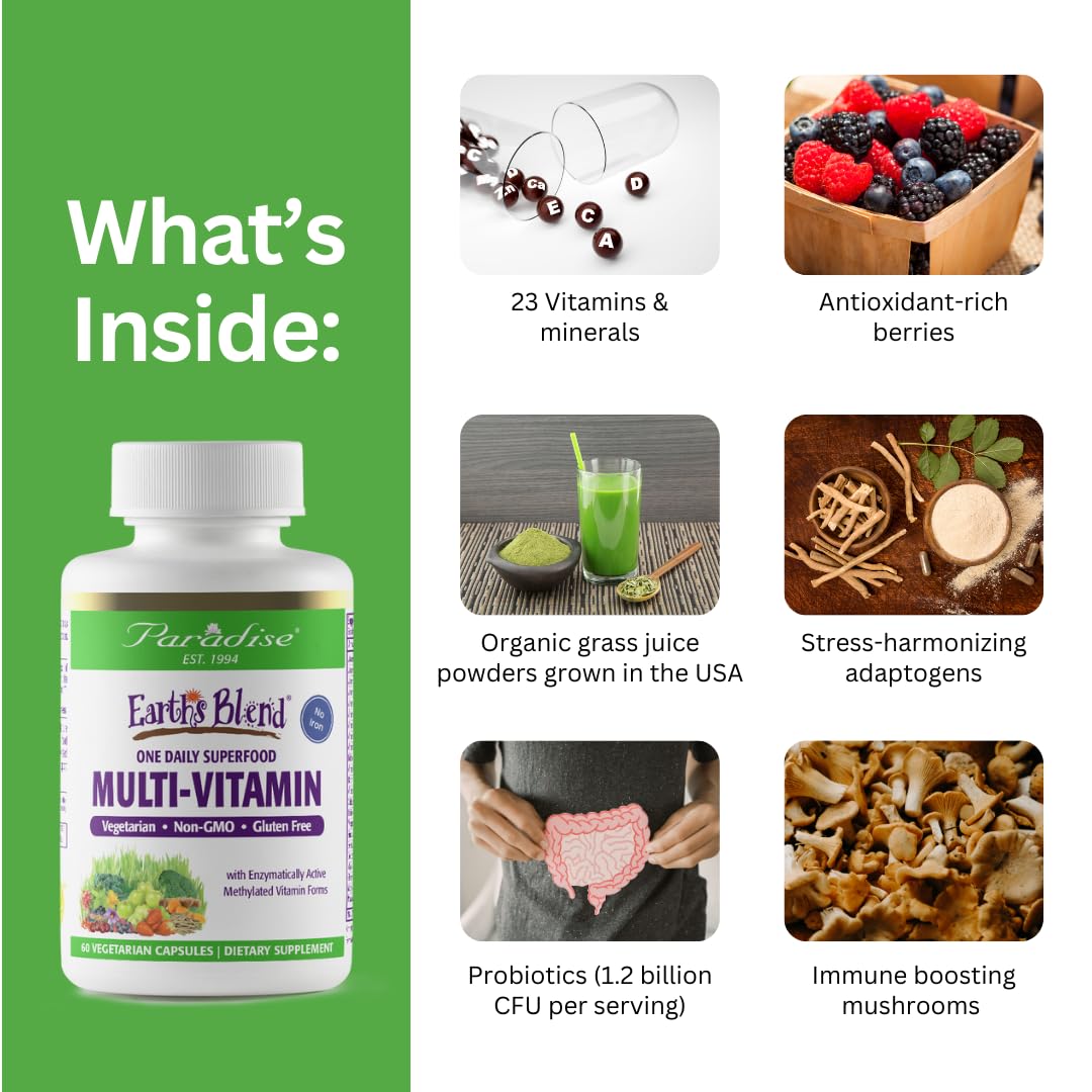 Pre-Order | Arrives in 5–10 Days – Paradise Herbs Earth's Blend Women's Once Daily Multivitamin with Iron, 48 Organic Superfoods, Probiotics, Antioxidants, Vitamins A, B12, C, D, K2, 120 Capsules