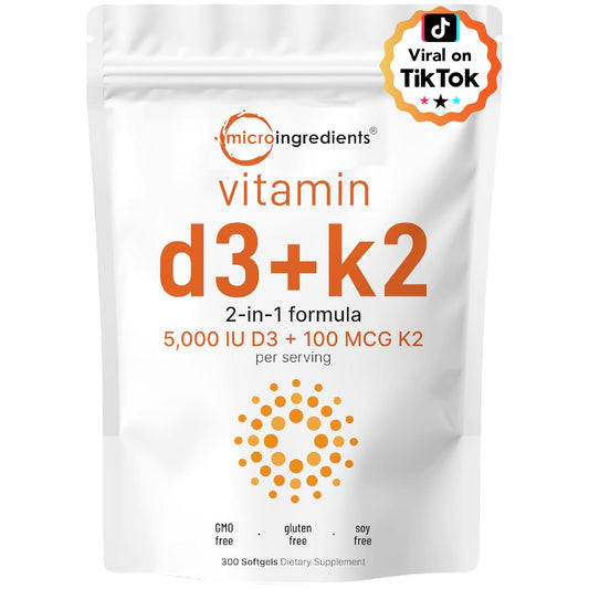 Pre-Order | Arrives in 5–10 Days – Micro Ingredients Vitamin D3 5000 IU with K2 MK-7 100 mcg, 300 Softgels, 2-in-1 Immune, Heart, Joint, Teeth & Bone Health Support, Easy to Swallow