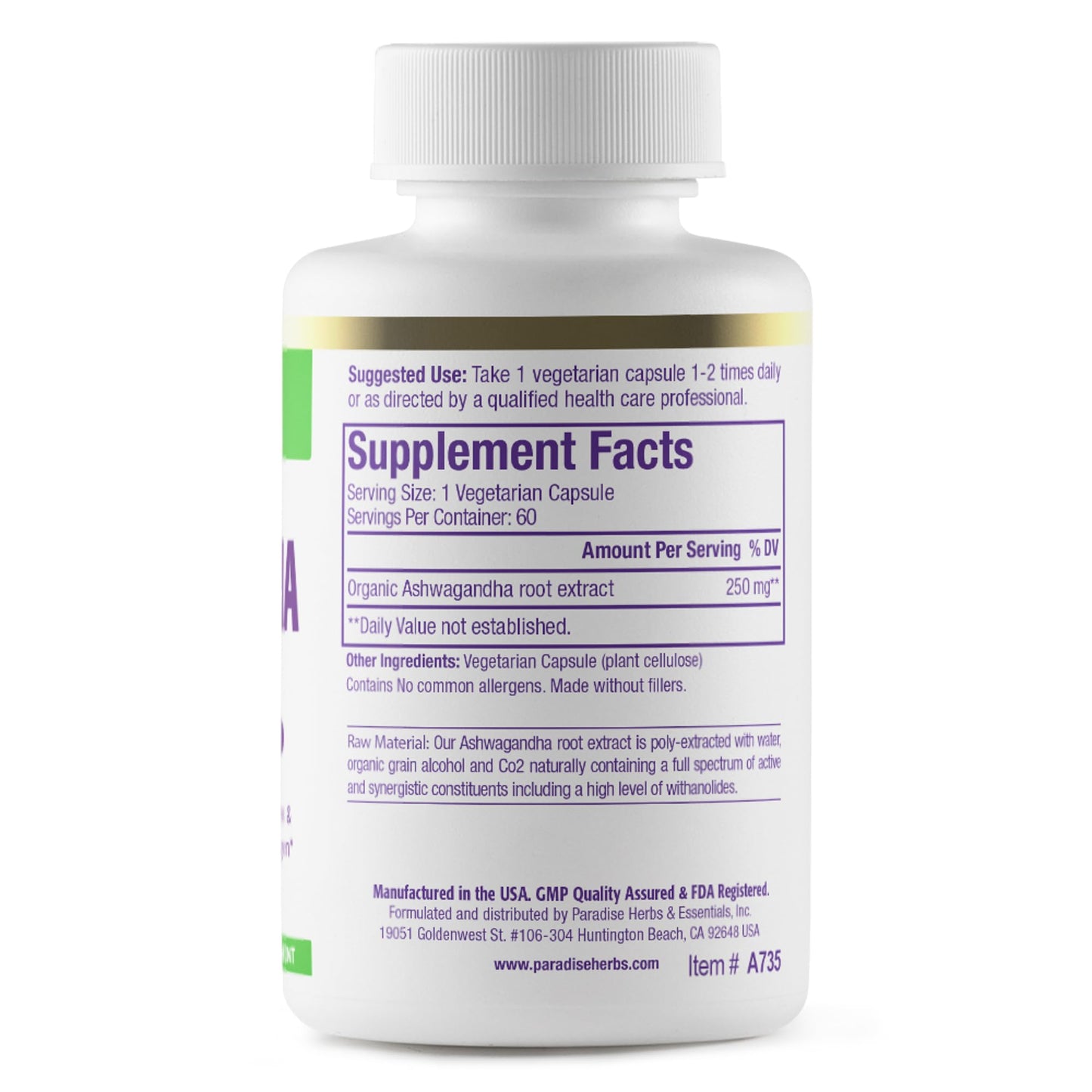 Pre-Order | Arrives in 5–10 Days – Paradise Herbs Organic Ashwagandha, Ayurvedic Adaptogen, Vegan, Non GMO, Gluten Free, 180 Vegetarian Capsules