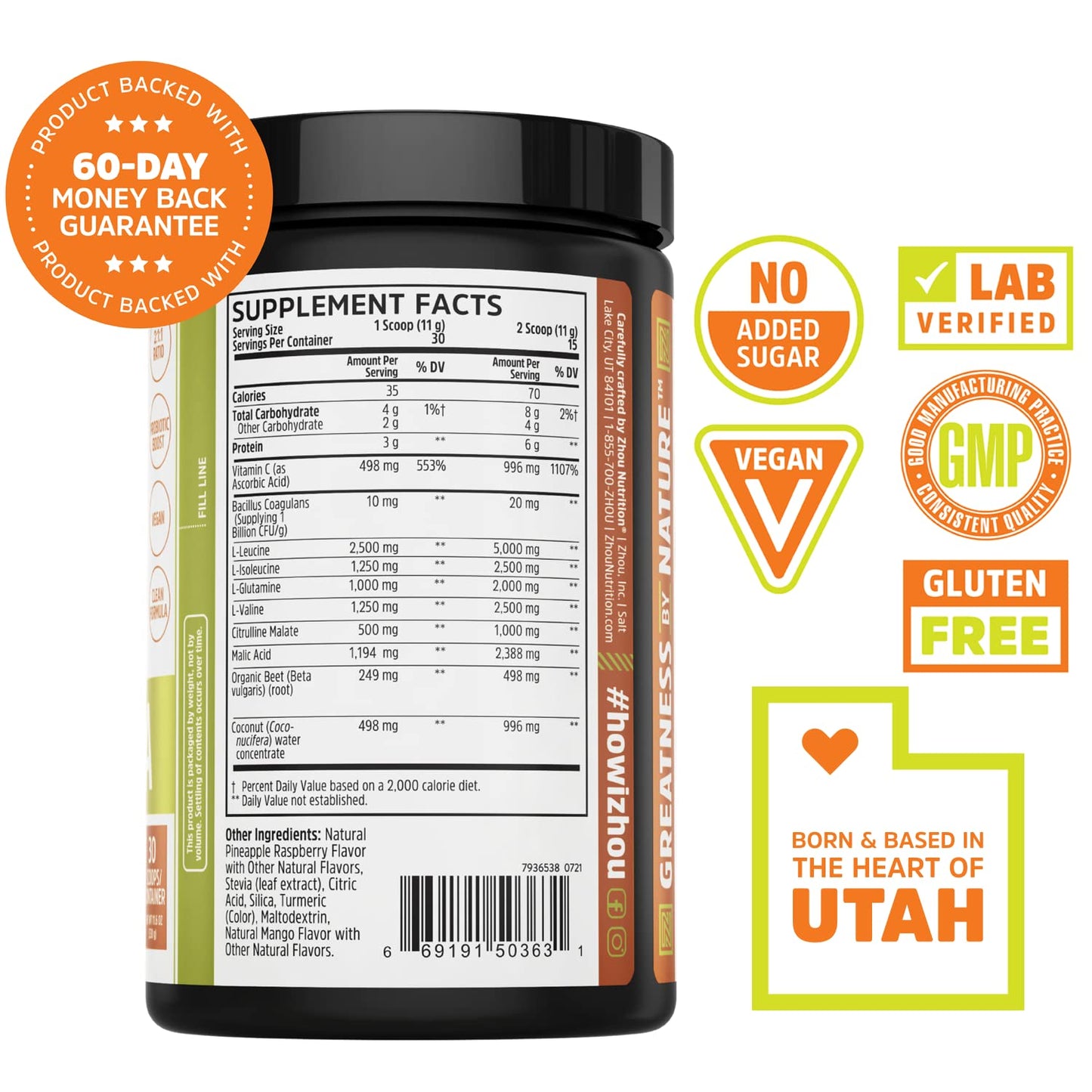 Pre-Order | Arrives in 5–10 Days – Zhou Nutrition Muscle BCAA Powder, Vegan Muscle Recovery, Natural, Clean Formula for Optimal Absorption, Probiotic Boost, Vitamin C, Gluten and Sugar Free, Tropical Punch, 30 Servings